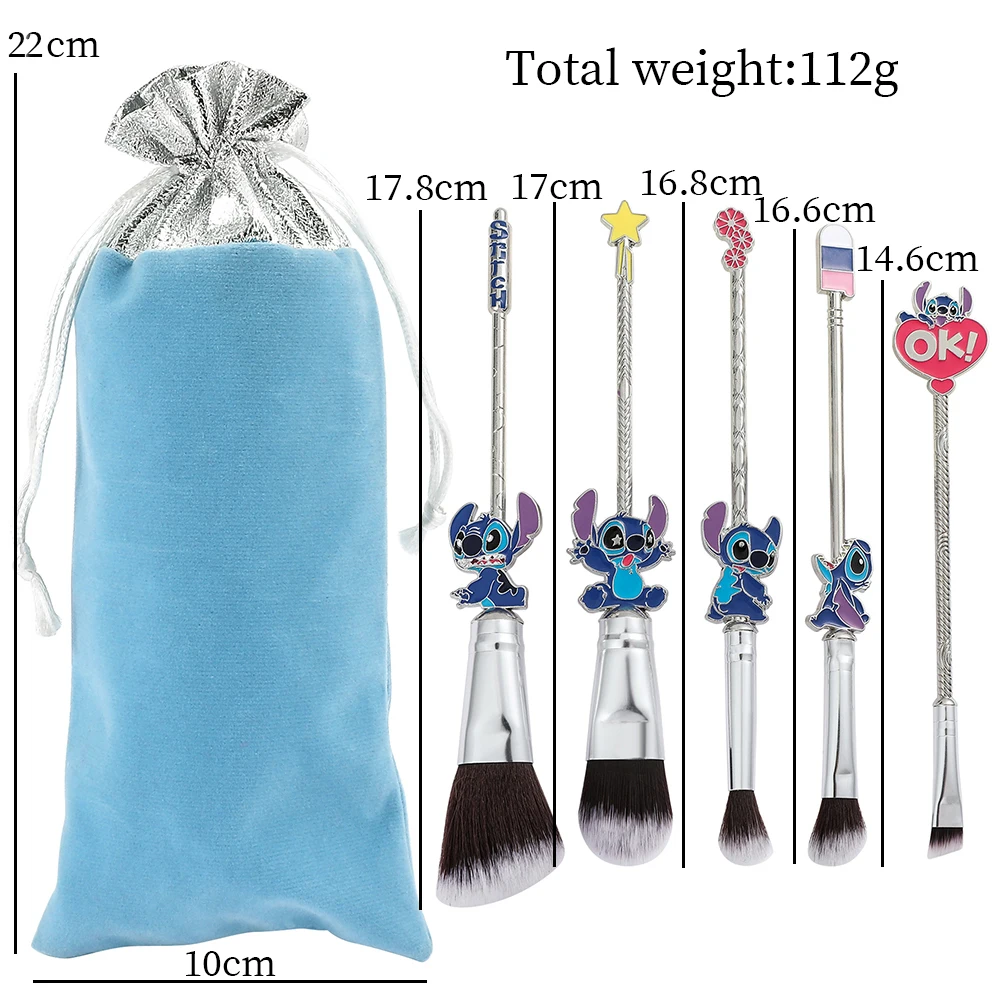 Lot de 5 pinceaux de maquillage Stitch pour fond de teint, ombres à paupières, blush, lèvres (bleu) – Image 2