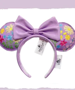 Serre-tête oreilles Mickey Disney – Violet clair, fleurs brodées & nœud en cuir PU