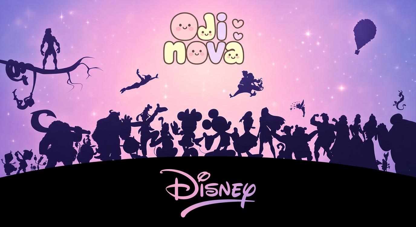 Le ciel rose et violet d’Oji Nova, son logo et les silhouettes des personnages.
